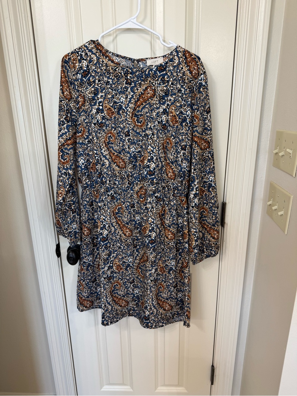 LOFT Navy and Brown Paisley Long-Sleeve Dress